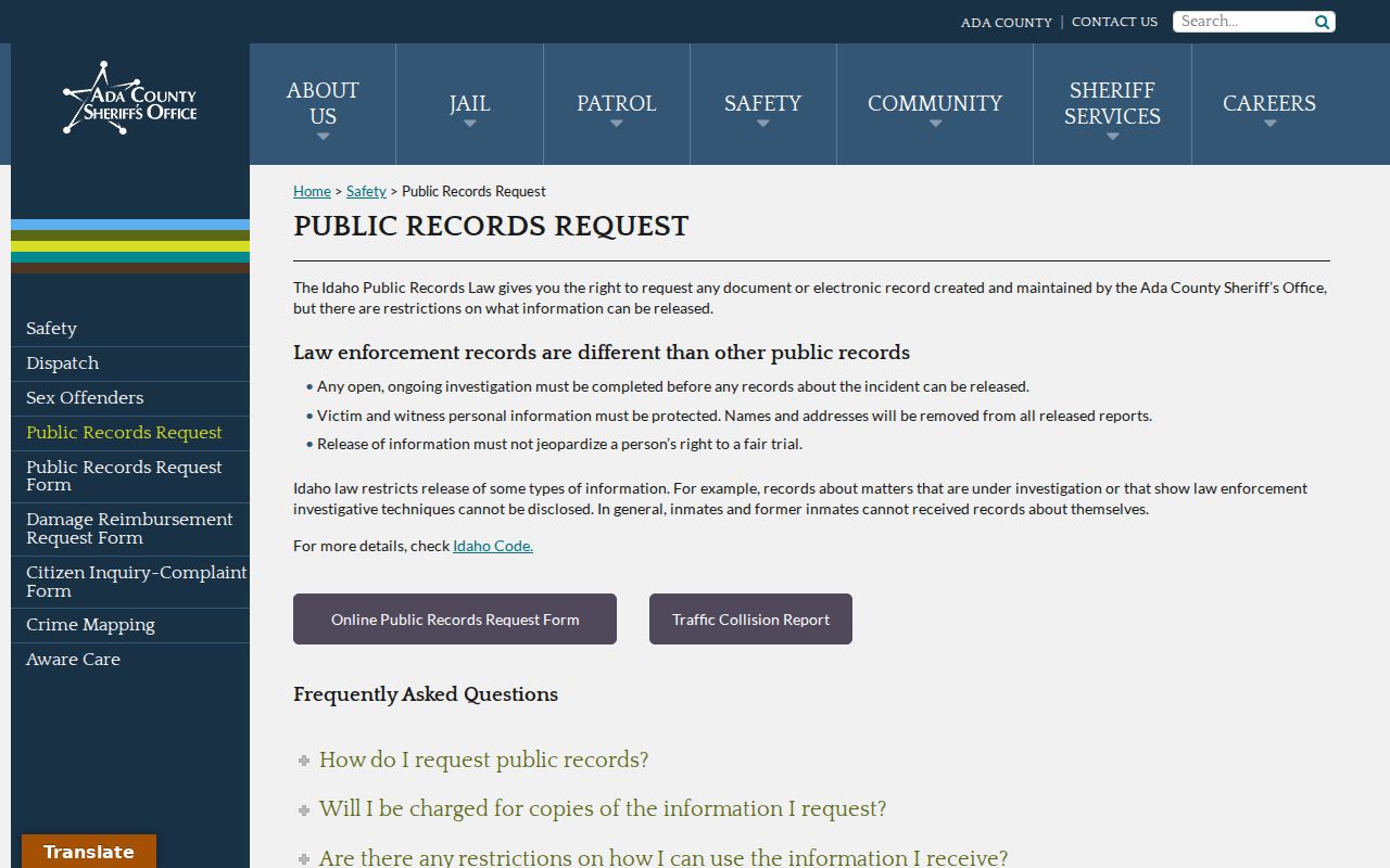 Ada County arrest history Sheriff public records request