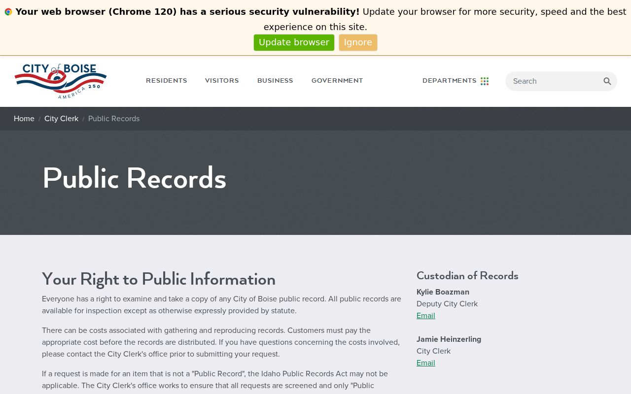 City of Boise public records request page for Boise criminal history documents