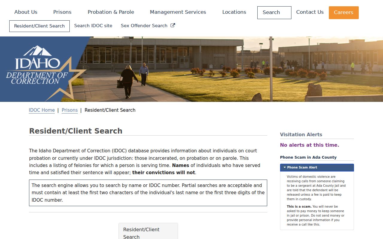 IDOC Resident and Client Search for Ada County correctional records