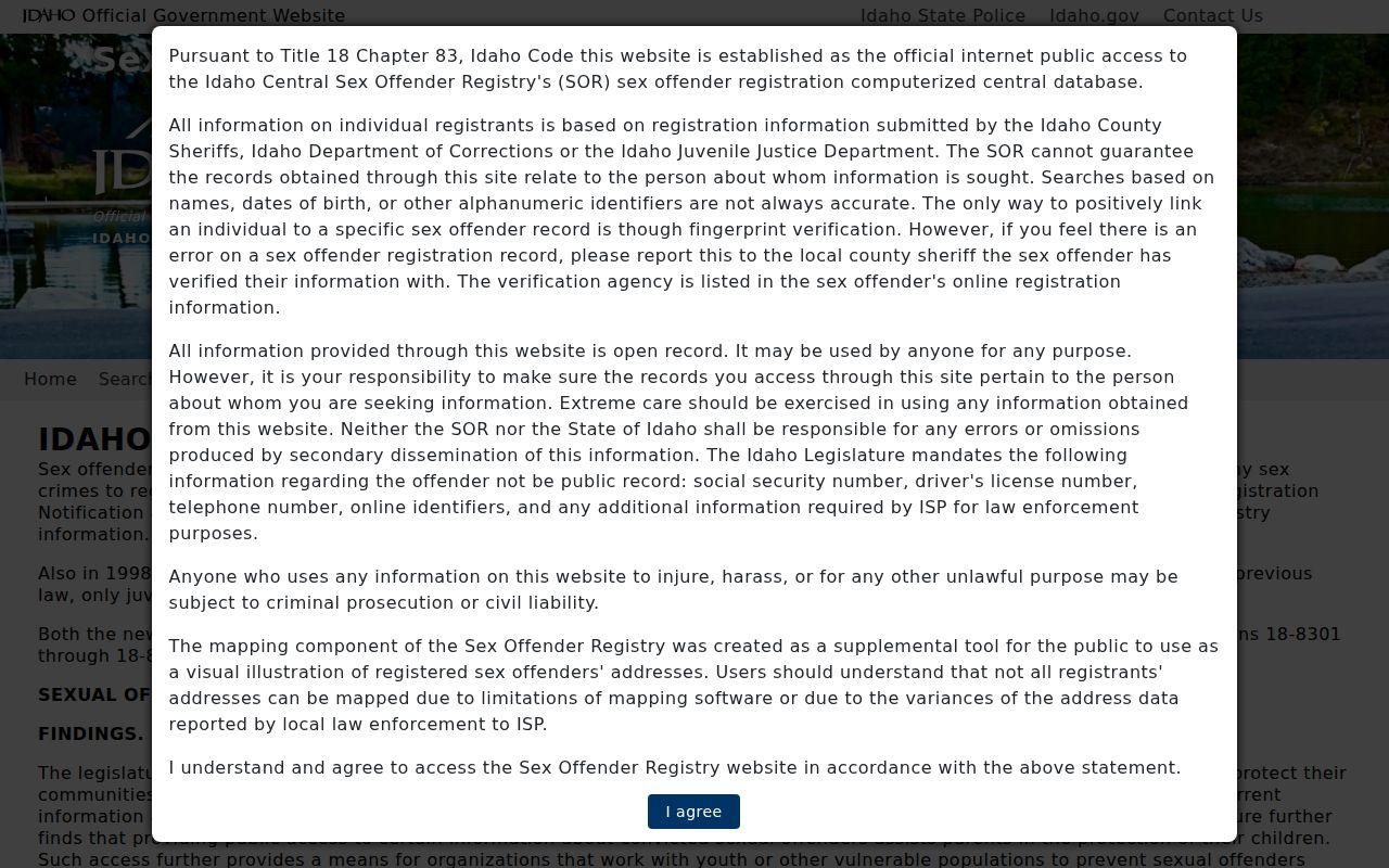 Idaho Central Sex Offender Registry official search gateway for an Ada County check