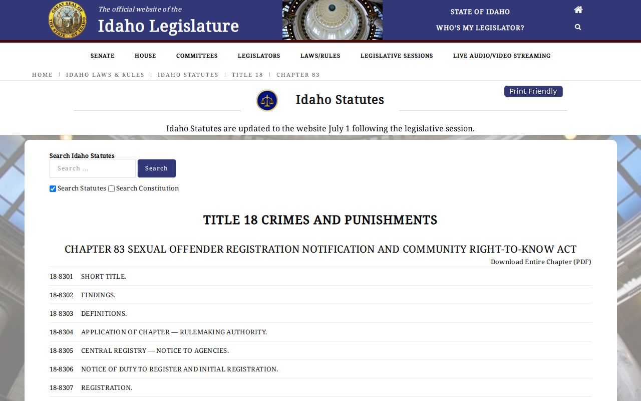 Idaho sex offender registration statutes governing Ada County registry information
